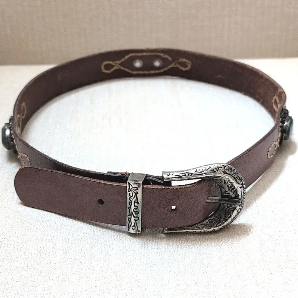 Brown Leather Belt with Cabachon Stone Medallions & Silver Scroll Work Buckle